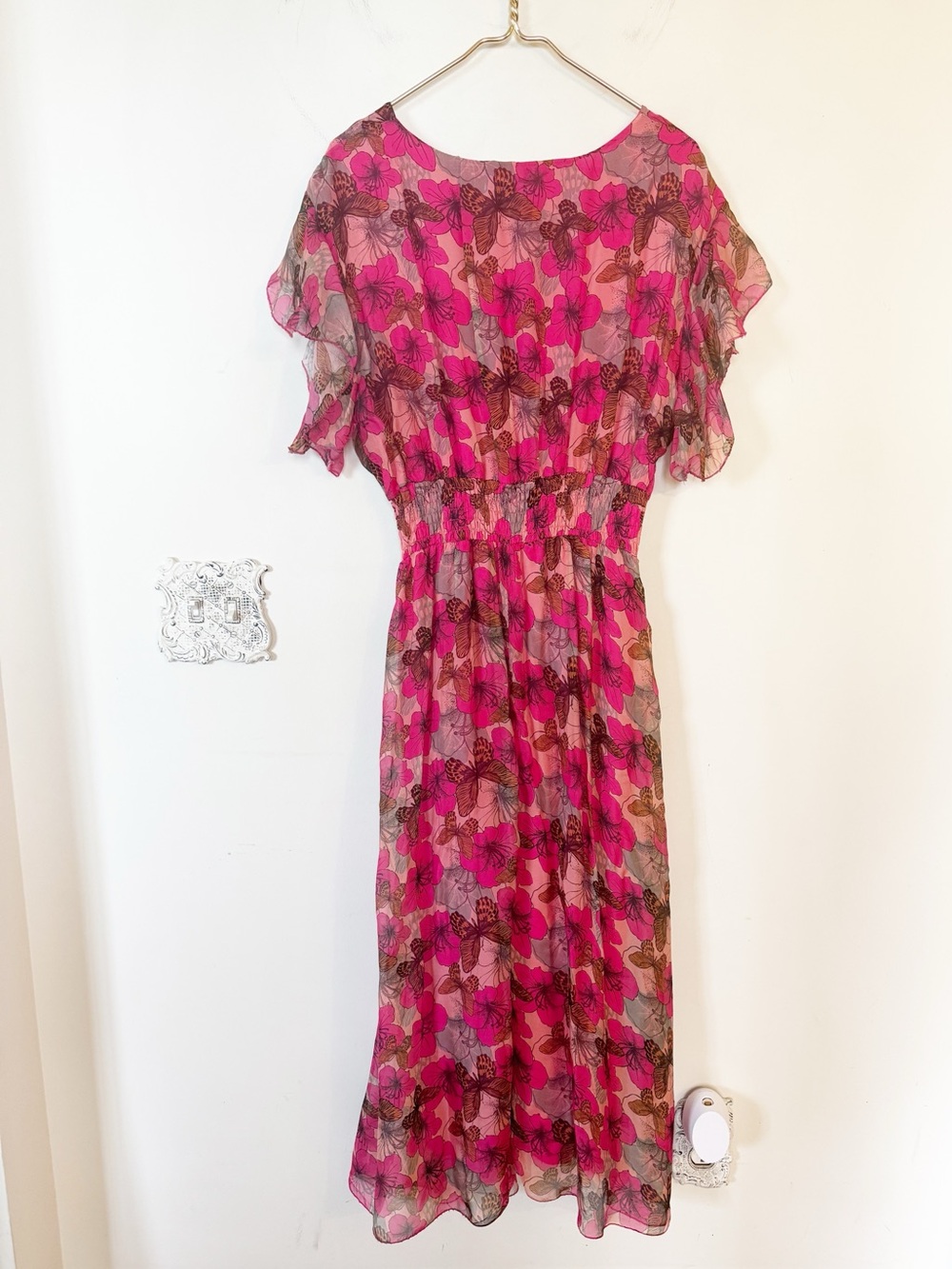 Le Ragazze Pink Floral Butterfly Flutter Sleeve Silk Maxi Dress XL - Picture 7 of 9